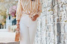 29 a sweet and easy spring look with an orange and white striped shirt, white jeans, brown slippers and a wooden bag