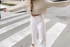 30 a tan crop top with long sleeves, white cropped jeans, white sneakers for a simple and cute everyday look