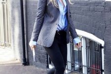 With light blue button down shirt, checked long blazer and skinny jeans