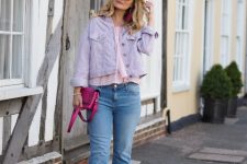 With pale pink and white checked ruffled shirt, sunglasses, hot pink leather embellished bag, cropped jeans and golden ankle strap low heel shoes