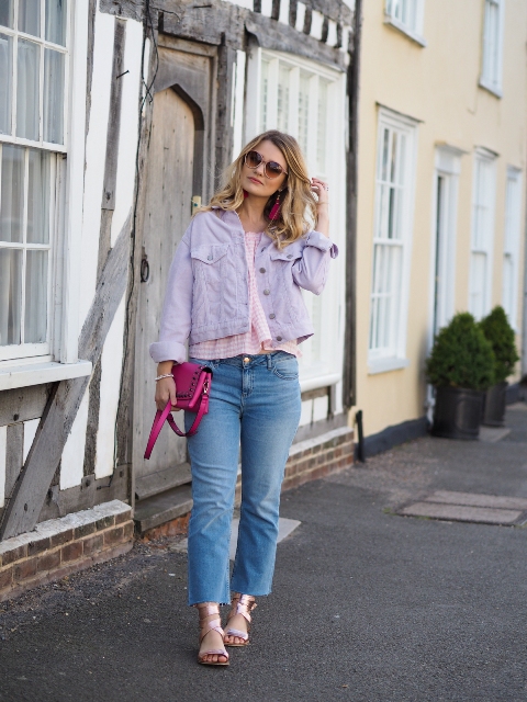 With pale pink and white checked ruffled shirt, sunglasses, hot pink leather embellished bag, cropped jeans and golden ankle strap low heel shoes