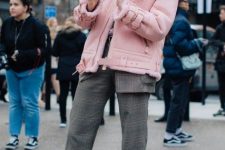 With pale pink jacket, checked trousers, checked blazer and black leather high heel boots
