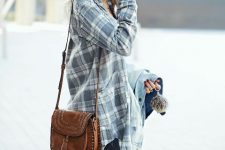 With plaid long shirt, brown tassel bag, jeans and denim jacket