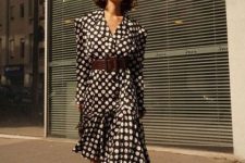 With polka dot ruffled midi dress and brown leather belt