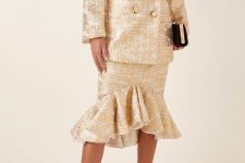 With printed tweed long blazer, black mini clutch and golden ankle strap shoes