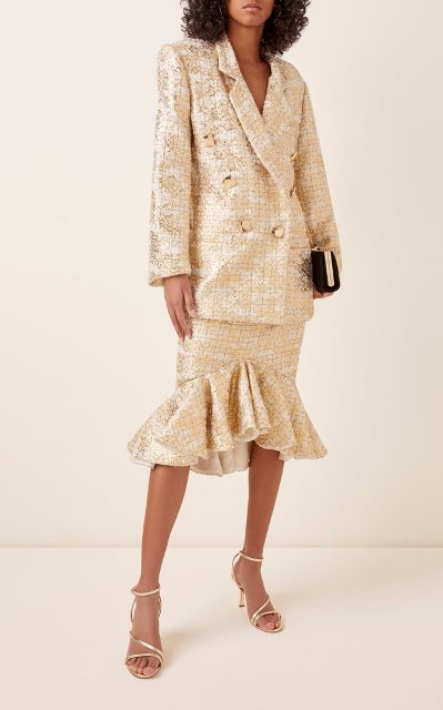 With printed tweed long blazer, black mini clutch and golden ankle strap shoes