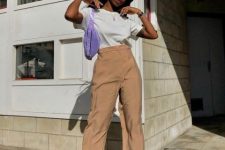 With white t-shirt, lilac bag, beige high-waisted pants and white sneakers