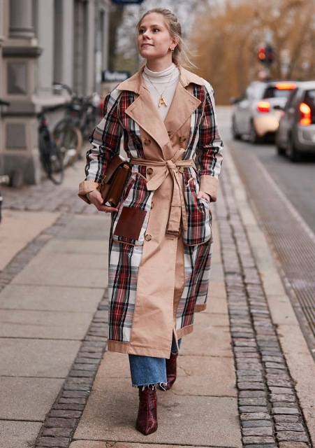With white turtleneck, loose jeans and marsala printed leather heeled boots