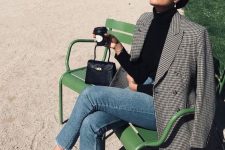 a Parisian style look with a black turtleneck, blue cropped jeans, black vintage-style shoes, a tweed blazer and a black bag