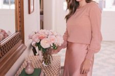 a romantic spring look with a pink long sleeve top, a pink slip midi skirt and chic earrings for a romantic girl