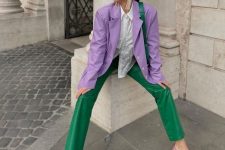 02 a bold work look for spring – a white shirt, a Very Peri oversized blazer, emerald leather pants, lilac slingbacks and an emerald bag
