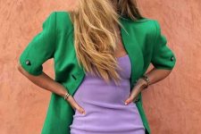 06 a colorful look with a Very Peri semi-fitting dress and an emerald blazer with short sleeves is great for work