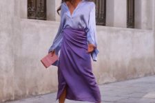 a refined special occasion outfit with a lilac shirt, a Very Peri midi skirt, lilac shoes and a pink clutch