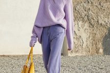 30 a comfortable everyday outfit with a lilac oversized sweater, Very Peri pants, yellow shoes and a yellow bag