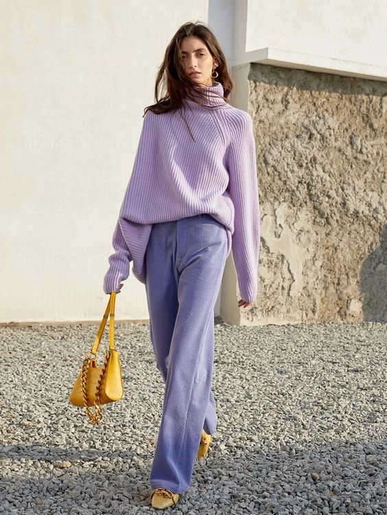 a comfortable everyday outfit with a lilac oversized sweater, Very Peri pants, yellow shoes and a yellow bag