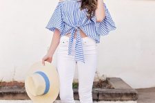With beige and blue wide brim hat, white skinny jeans and brown flat shoes