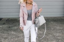 With gray top, light gray leather tassel bag, white distressed jeans, gray suede ankle strap shoes and sunglasses