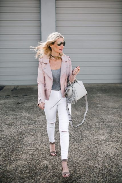 With gray top, light gray leather tassel bag, white distressed jeans, gray suede ankle strap shoes and sunglasses