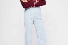 With marsala, pale pink and red striped turtleneck sweater and beige flat lace up shoes