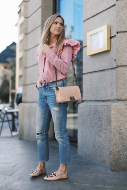 With pale pink chain strap bag, distressed jeans and pale pink embellished flat shoes