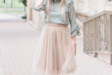 With pale pink midi skirt and beige ankle strap shoes