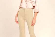 With pale pink satin button down shirt, lace top and beige high heels