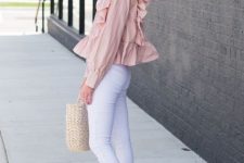 With white cropped pants, beige tote bag, mirrored sunglasses and pink flat sandals