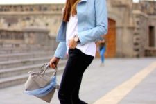 With white long t-shirt, mirrored sunglasses, beige bag, black skinny pants and light blue pumps