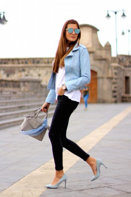 With white long t-shirt, mirrored sunglasses, beige bag, black skinny pants and light blue pumps