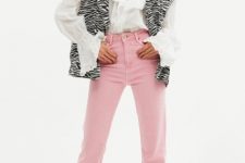 With white ruffled blouse, zebra printed oversized vest and black and pale pink platform shoes
