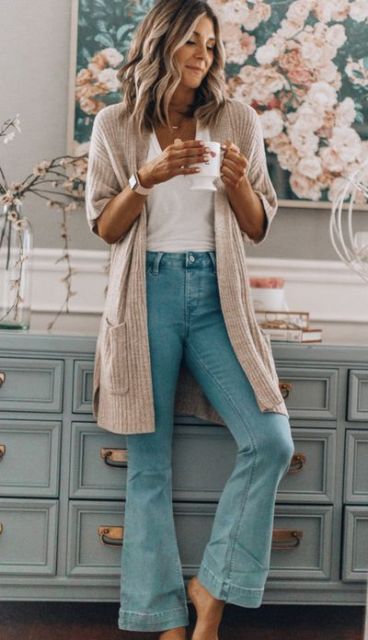 With white shirt and beige long cardigan