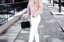 With white shirt, white skinny cropped jeans, black leather bag, sunglasses and beige ankle strap high heels