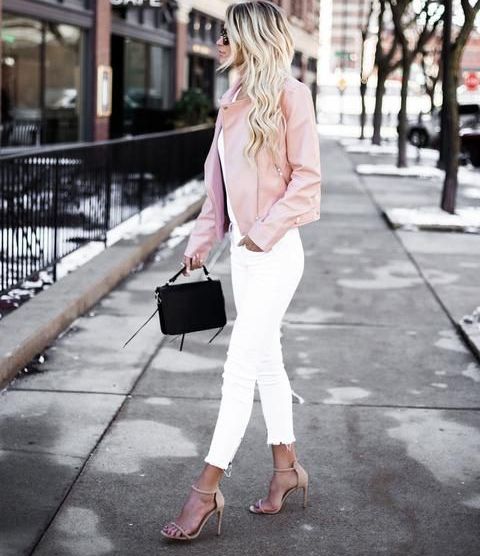 With white shirt, white skinny cropped jeans, black leather bag, sunglasses and beige ankle strap high heels
