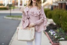 With white skinny pants, beige checked tote bag and beige cutout high heels