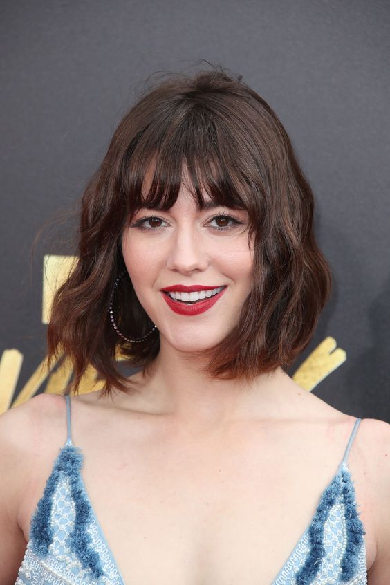 a classy dark brunette long bob with wispy bangs and waves is a lovely idea and an ombre touch makes it wow