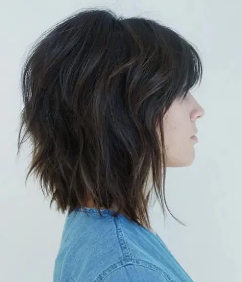 the sassy brunette bob is a modern twist on the traditional short shag haircut, wispy bangs swept to the size emphasize the eyes