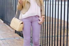 With beige leather jacket, sunglasses, light yellow chain strap bag and beige shoes