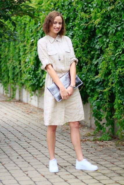With beige shirtdress and white sneakers