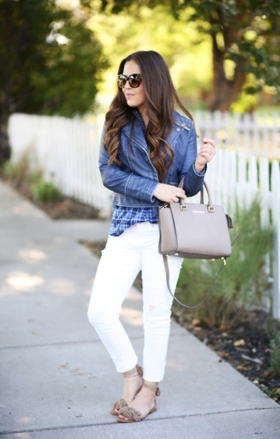 With blue and white checked shirt, blue leather jacket, gray leather bag and white pants