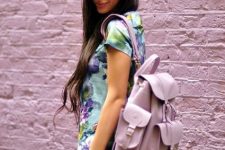 With colorful floral printed mini dress