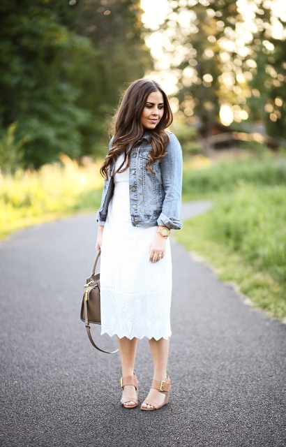 With denim jacket, gray leather tote bag and white midi dress
