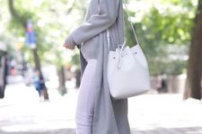 With gray shirt, white skinny pants, white leather bag, light blue embellished high heels and gray long cardigan