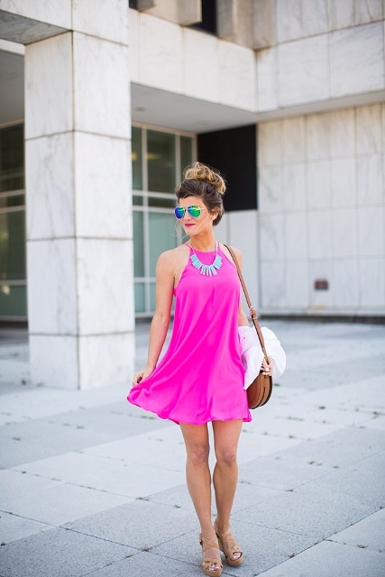 With hot pink sleeveless mini dress, necklace, beige platform sandals, brown leather bag and white jacket