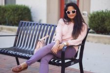 With pale pink framed sunglasses, pale pink sweater, bag and brown leather flat shoes