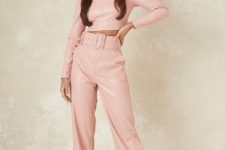 With pale pink leather crop shirt and beige high heels