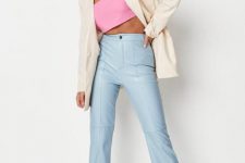 With pink crop top, cream blazer and beige lace up sandals