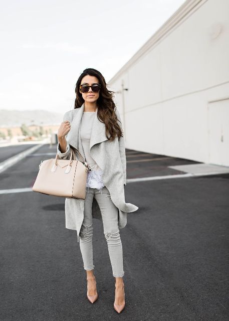 With shirt, gray waterfall coat, sunglasses, beige leather tote bag and beige pumps