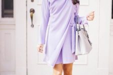 With sunglasses, lilac wrap belted mini dress and light gray tote bag