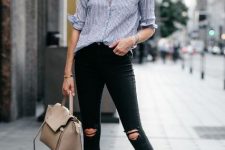 With sunglasses, white and navy blue striped button down loose shirt, black distressed skinny cropped jeans and beige leather bag