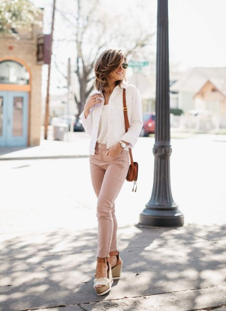 With top, white jacket, brown leather bag and white and brown platform sandals